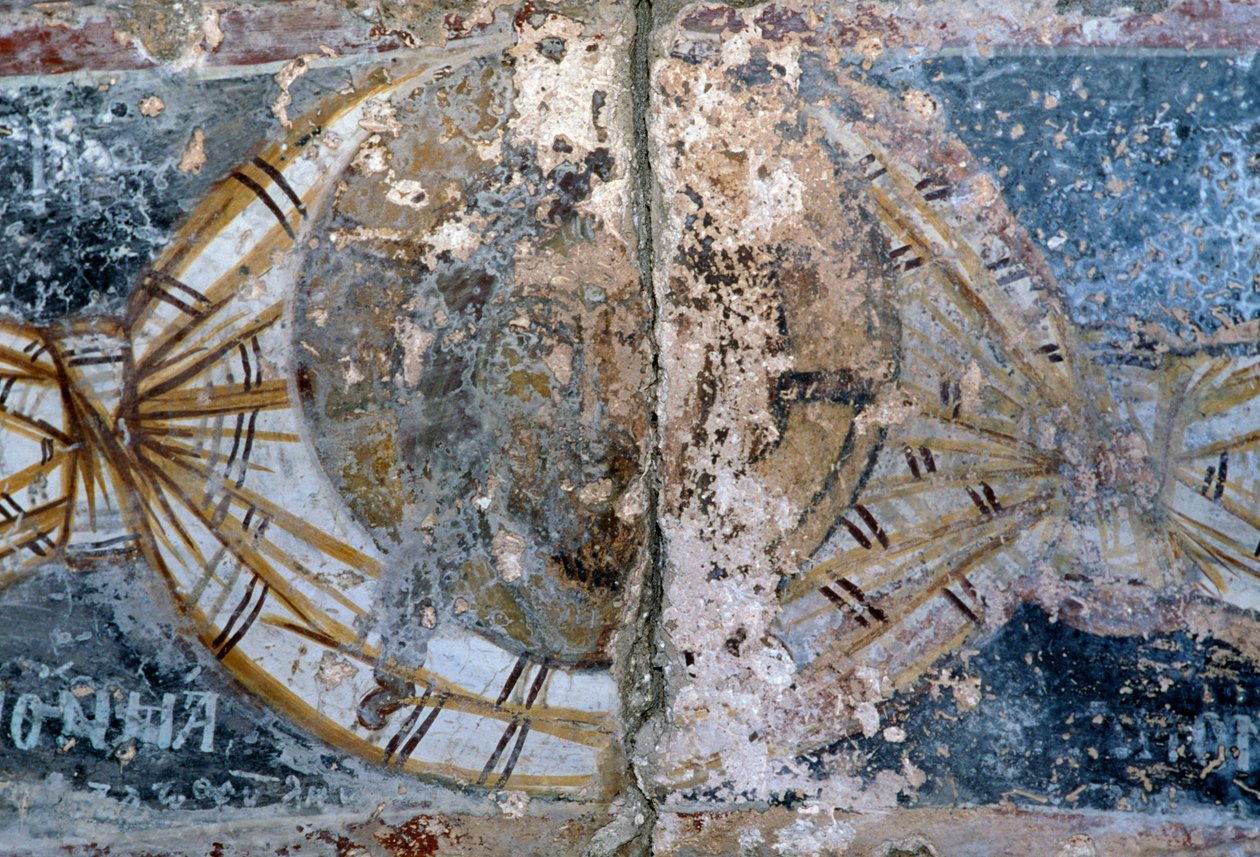 Krisztus arca, sérült freskó a Metamorphosis Sotiros templomban, Voutas, Kréta, Görögország (fotó) alkotó: Unbekannt Unbekannt