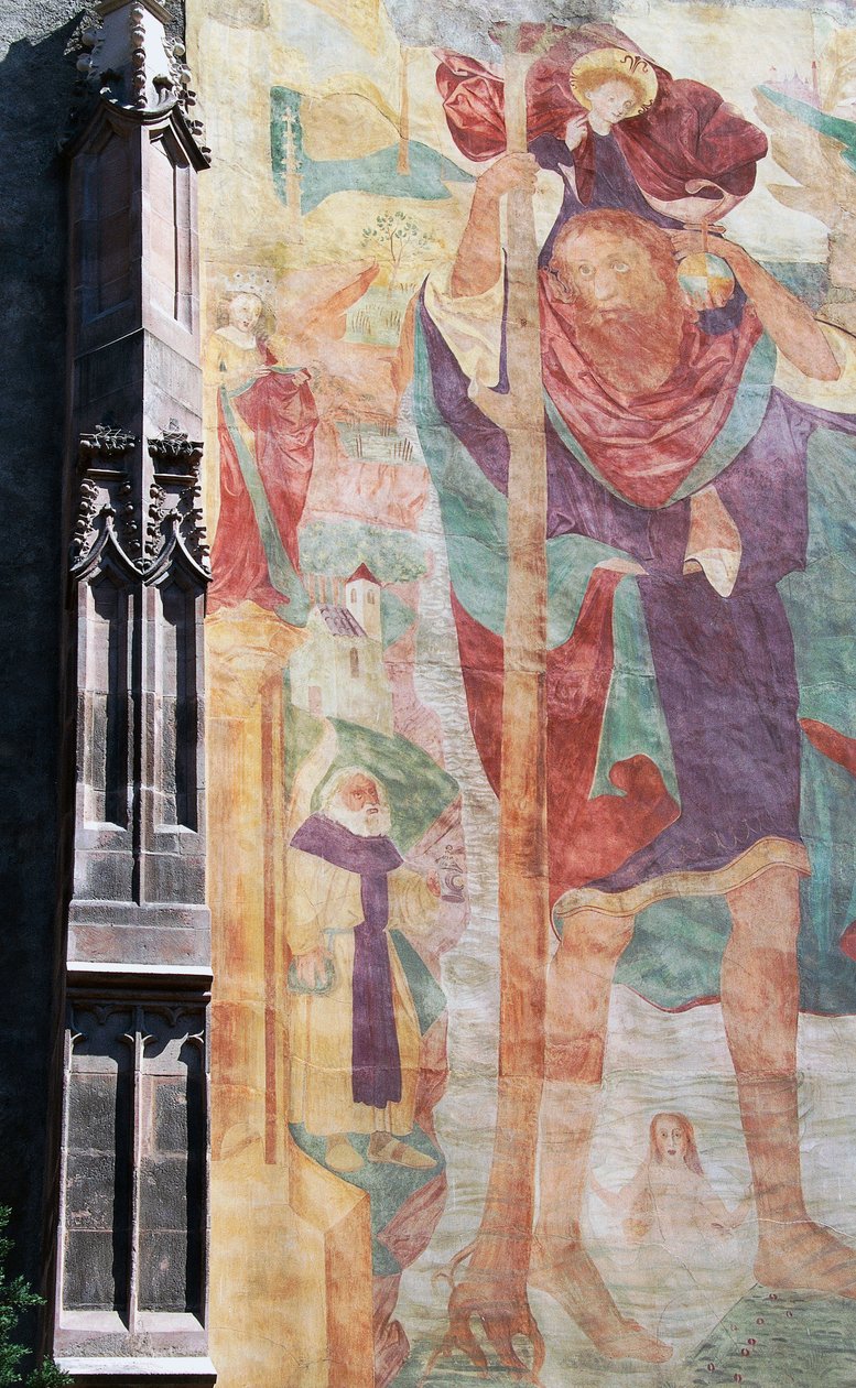 Szent Kristóf freskó, déli külső homlokzat, Szent Miklós plébániatemplom, Merano, Bolzano, Trentino-Alto Adige, Olaszország alkotó: Unbekannt Unbekannt