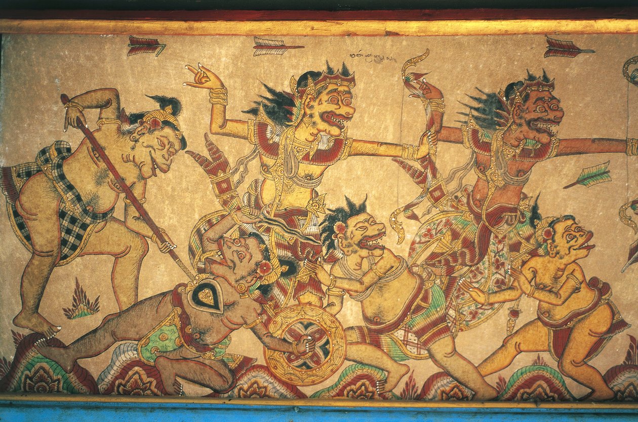 Istenek és démonok harcának jeleneteit ábrázoló freskók, Kertha Gosa pavilon, Klungkung palota (Puri Agung Semarapura), Semarapura, Bali, Indonézia alkotó: Unbekannt Unbekannt