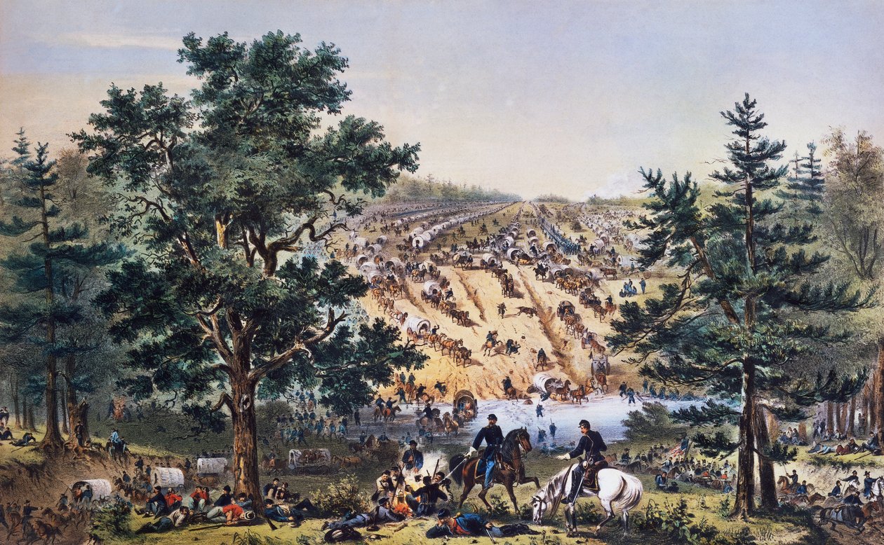 George Brinton McClellan visszavonulása, Bear Creek gázlója, Potomac hadserege, 1862. július, John Badger Bachelder rajza, Buffford metsze, amerikai polgárháború, USA alkotó: Unbekannt Unbekannt