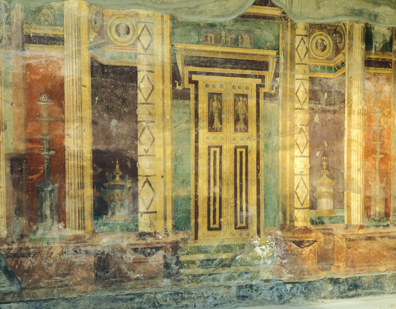 Olaszország, Campania, Oplonti, Torre Annunziata régészeti terület, Roman Villa Poppaea, Nagyterem, Freskó oszlopokkal második pompeusi stílusban alkotó: Unbekannt Unbekannt