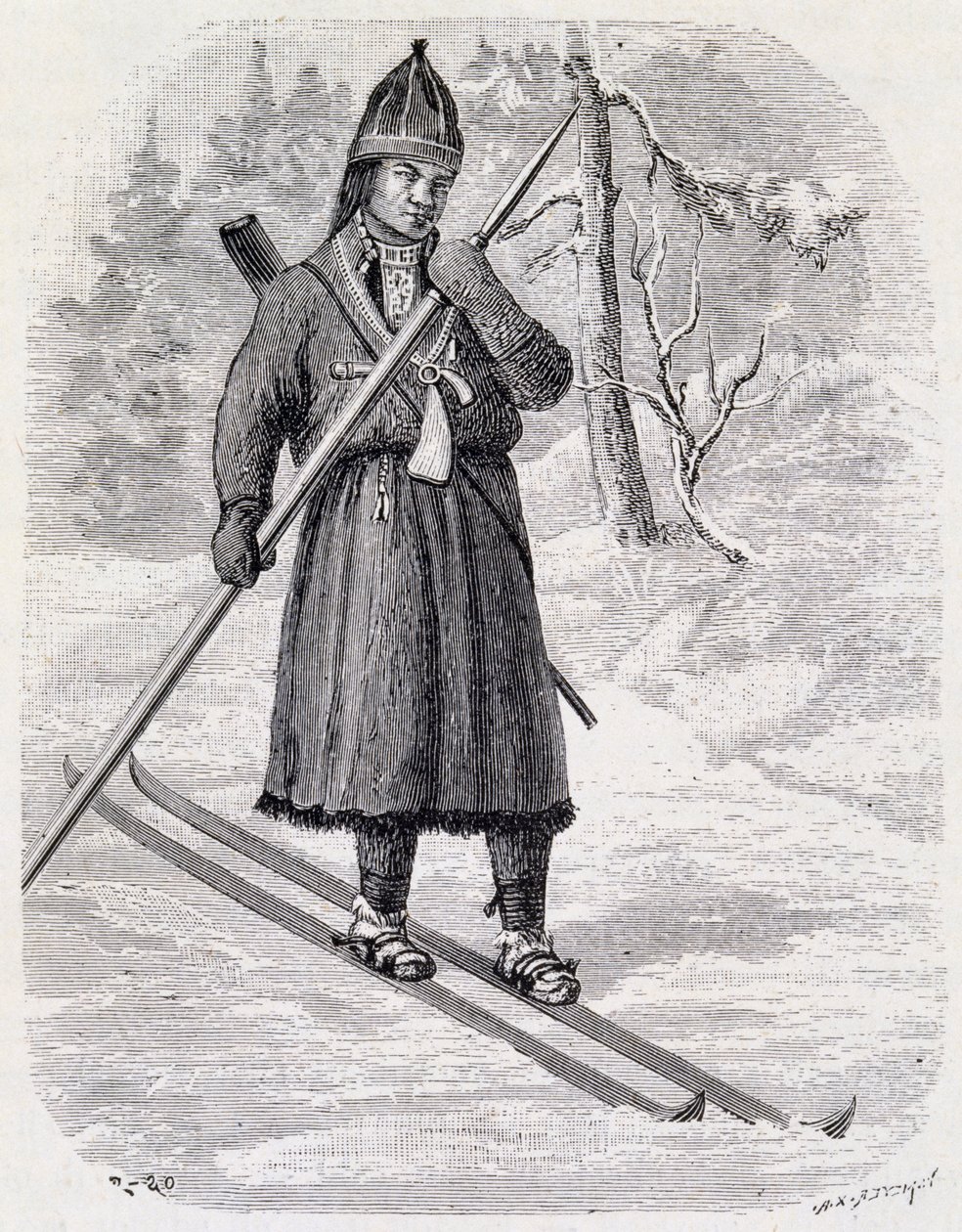 Lars Tuorda, a lapp sportoló megnyerte az 1884-ben Adolf Erick Nordenskjold által szervezett sífutó versenyt, indiai tusrajz alkotó: Unbekannt Unbekannt