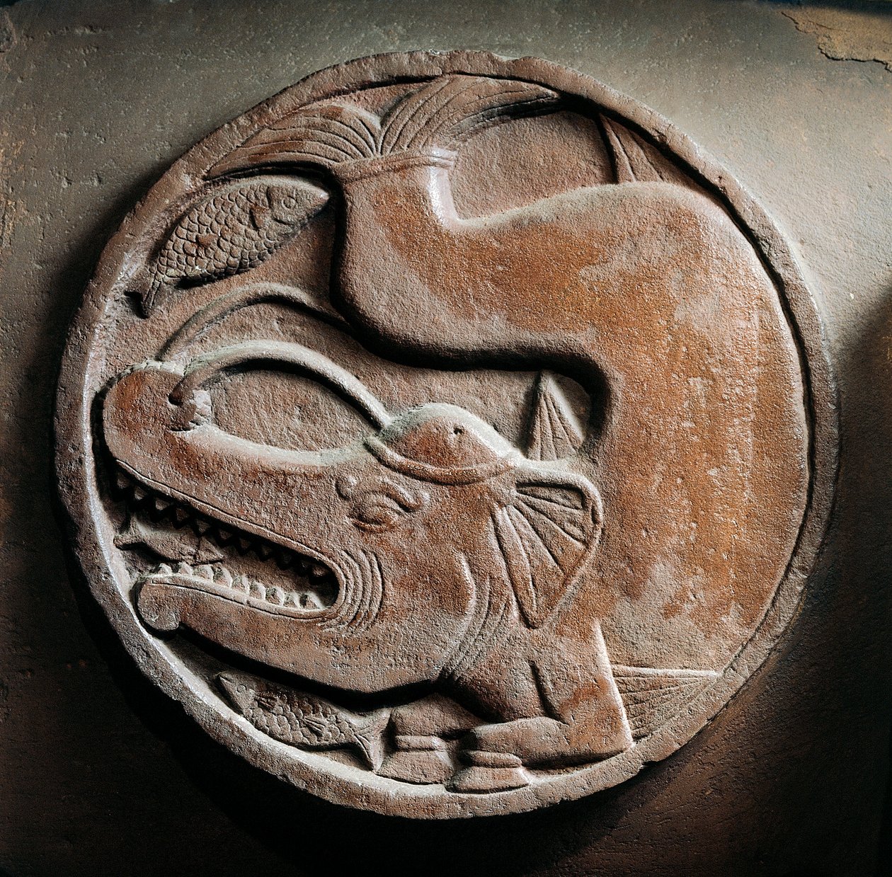 Medallion tengeri állattal egy elefánt-devuing hal fejéből, dombormű a bharhuti sztúpáról, buddhista emlékmű, Madhya Pradesh, India, indiai civilizáció, ie 2. század alkotó: Unbekannt Unbekannt