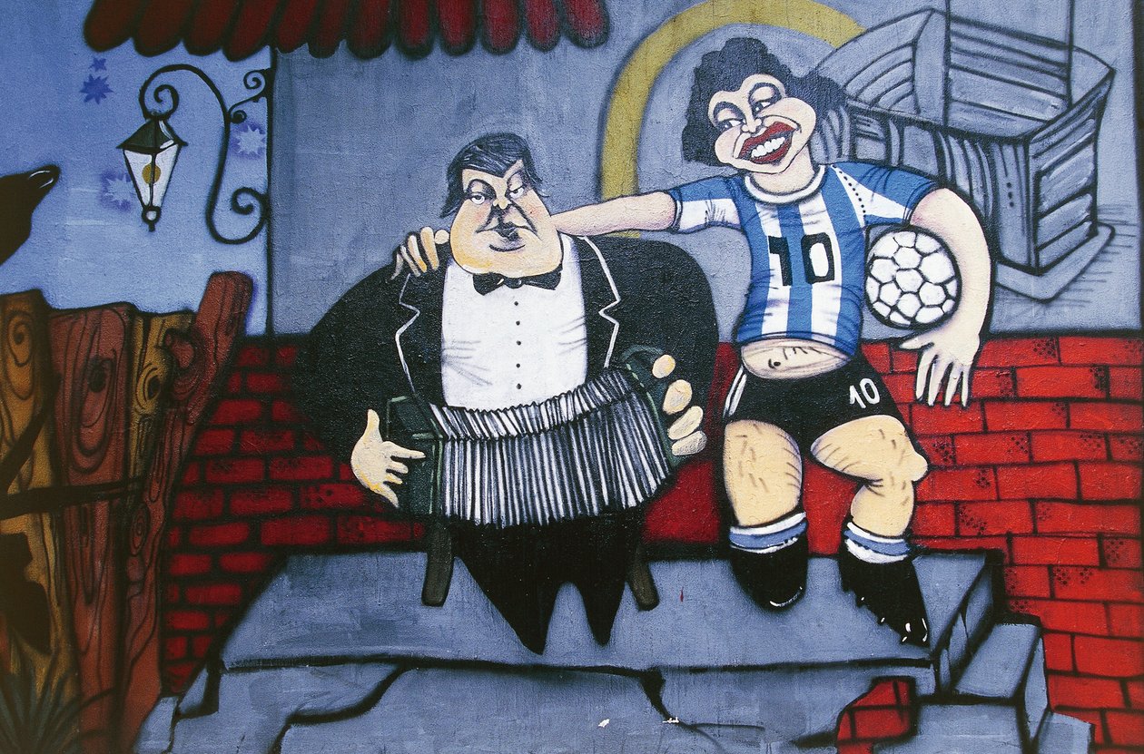 Anibal Troilo zenész és Diego Maradona focista falfestmény a Caminito sikátor falán, La Boca, Buenos Aires, Argentína alkotó: Unbekannt Unbekannt