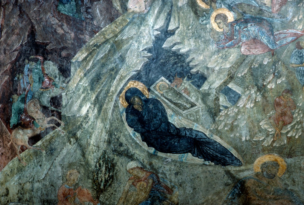 Születés, freskó Panagia Perivleptos kolostorában, Mystras bizánci városában (UNESCO Világörökség Lista) alkotó: Unbekannt Unbekannt