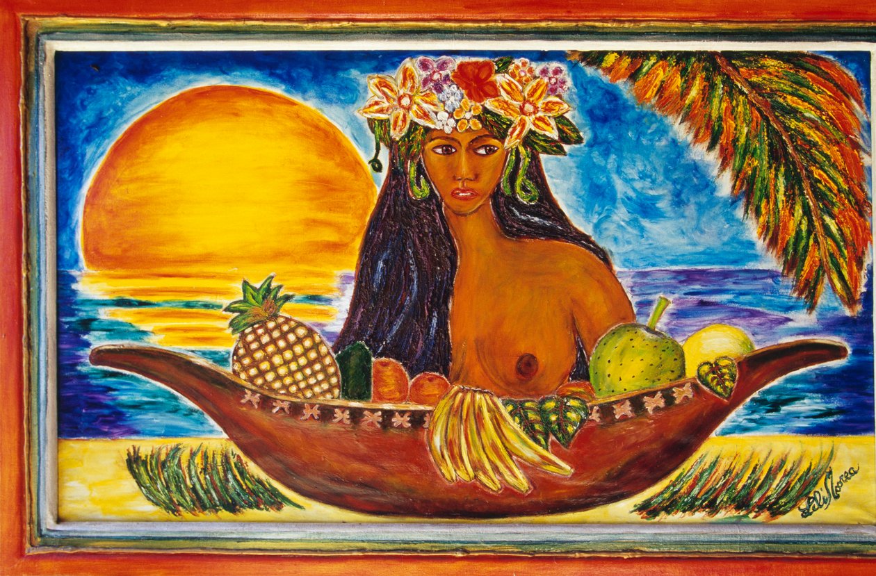 Polinéz nőt ábrázoló festett üveg, Moorea szigete, Society Islands, Francia Polinézia (a Francia Köztársaság tengerentúli területe), részlet alkotó: Unbekannt Unbekannt