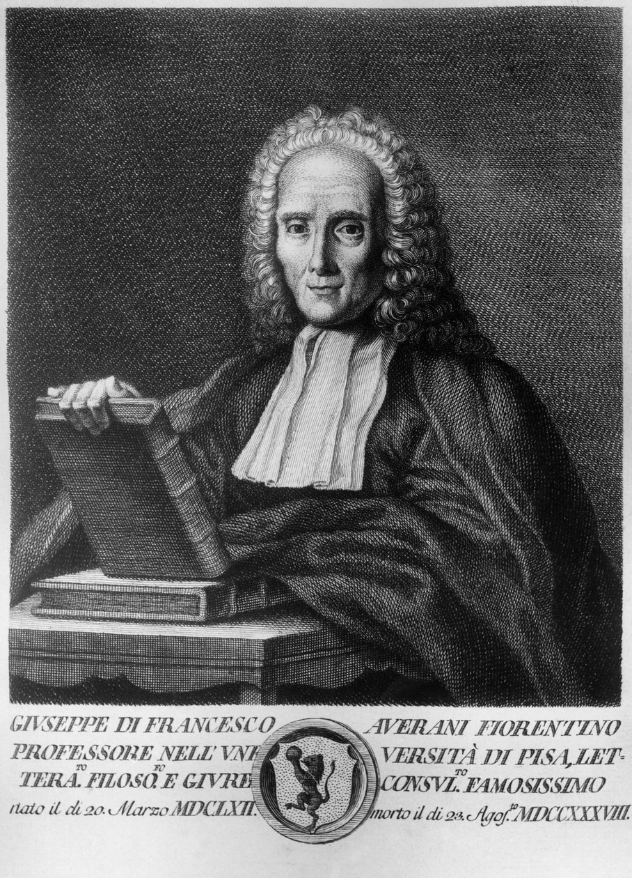Giuseppe Averani, Averanus (1662-1738) olasz jogtudós és természettudós portréja, rézkarc az Allegrini által kiadott, illusztris toszkán férfiak portréiból. alkotó: Unbekannt Unbekannt