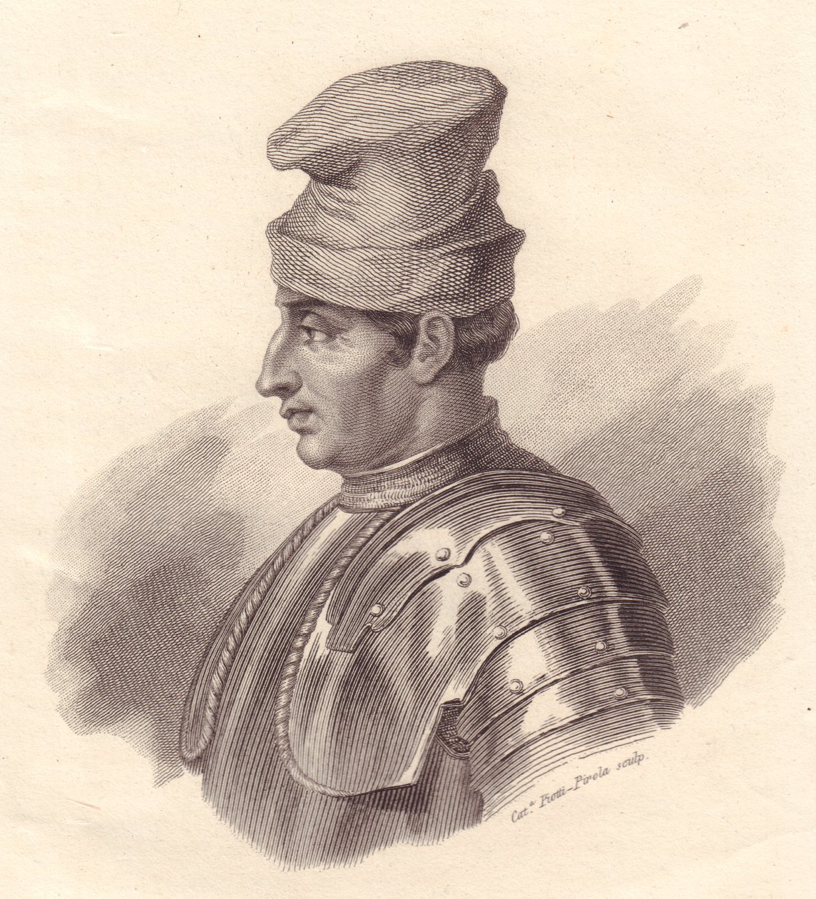 Niccolo Fortebraccio olasz katonai vezető portréja, más néven della Stella (1389-1435), Caterina Piotti-Pirola rézmetsze alkotó: Unbekannt Unbekannt
