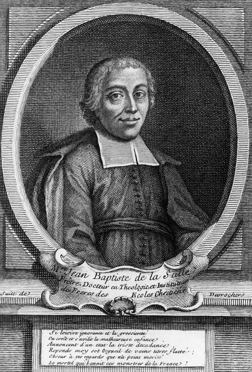 La Salle Keresztelő Szent János (1651-1719), francia pap, oktatási reformátor és a Keresztény Iskolák Testvérei Intézetének alapítója portréja, metszet alkotó: Unbekannt Unbekannt