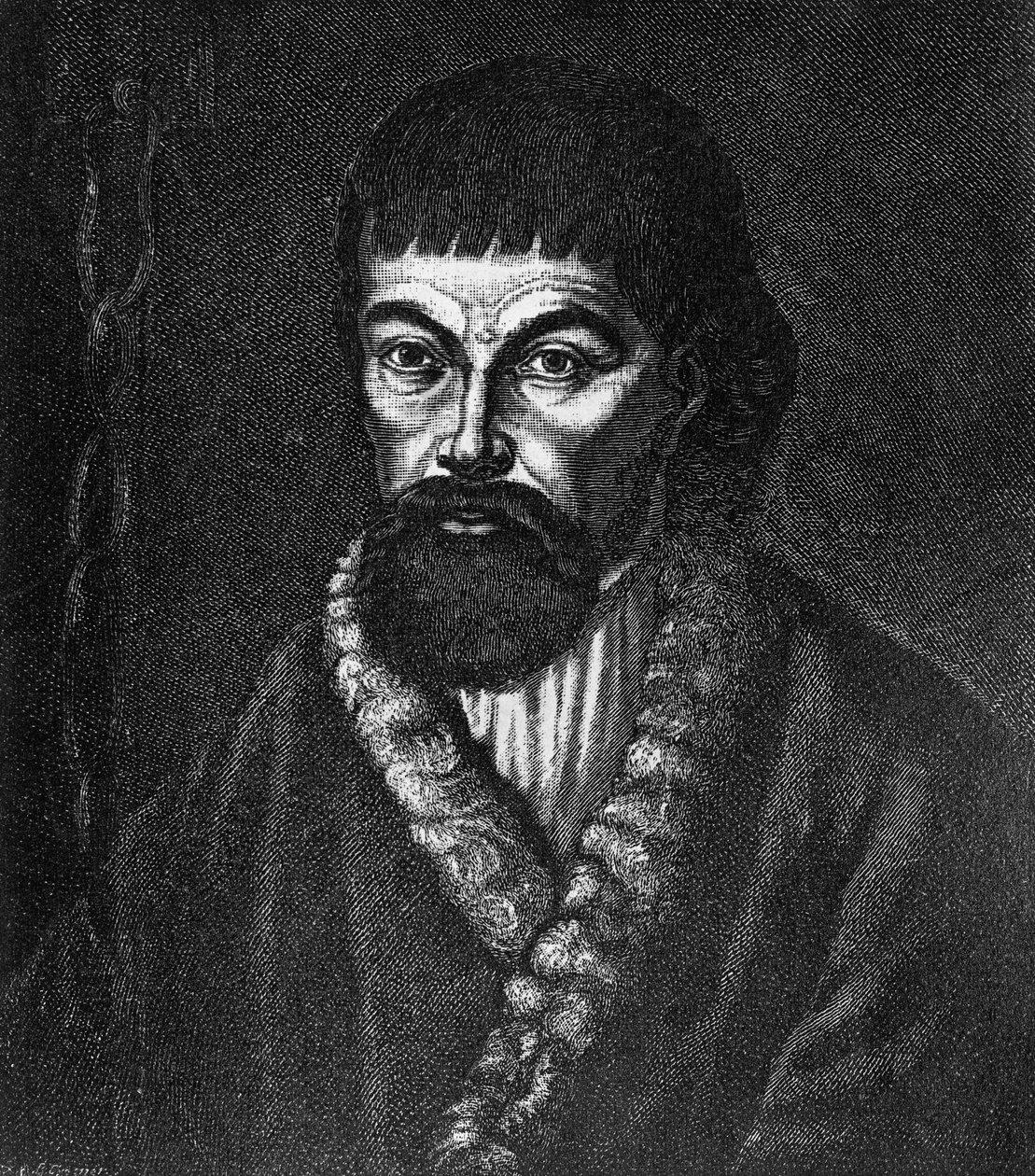 Jemeljan Ivanovics Pugacsov (kb. 1742-1775), az 1773-1774-es oroszországi kozák- és parasztlázadás vezetőjének portréja, olajfestmény utáni metszet alkotó: Unbekannt Unbekannt