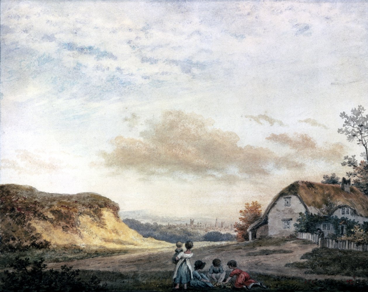 Vidéki táj Luke Howardtól, gyerekekkel egy házikó mellett, c 1808-1811 alkotó: Unbekannt Unbekannt
