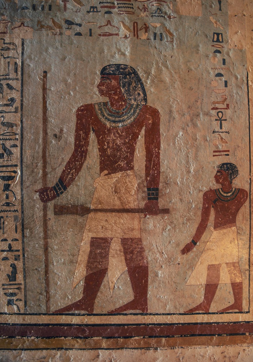 Sarenput, kezében a nád és a Sekhem jogar, majd fia, Ankhu, falfestmény, Sarenput II sírja, Qubbet el-Hawa nekropolisz, Asszuán közelében, Egyiptom, egyiptomi civilizáció, Középbirodalom alkotó: Unbekannt Unbekannt