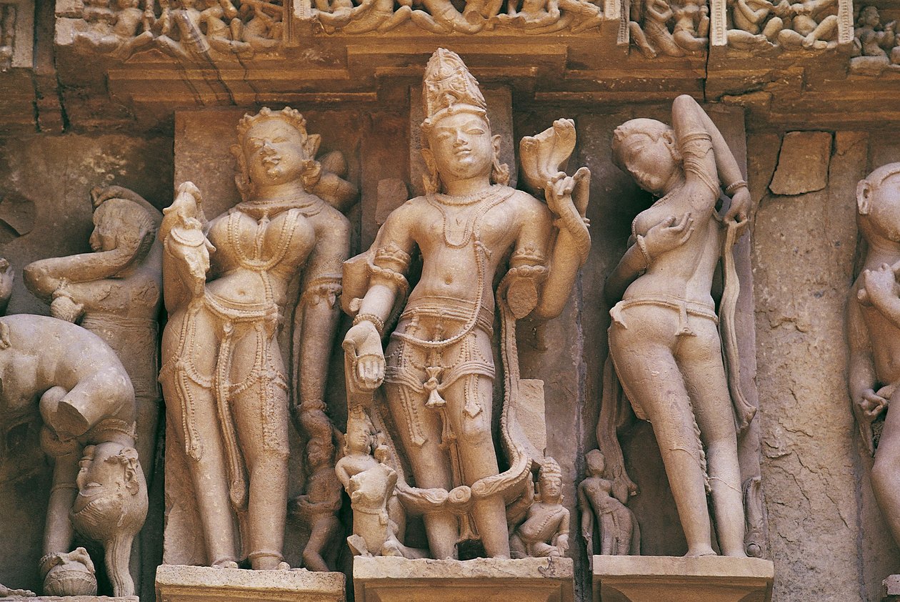 Szobrok, Lakshmana templom, Khajuraho műemlékcsoport (UNESCO világörökségi lista alkotó: Unbekannt Unbekannt