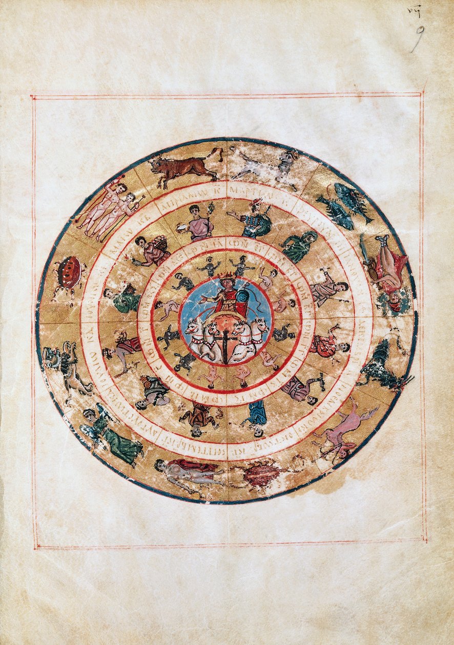 A Napszekér és a Zodiákus jegyei, miniatűr kora középkori kéziratból, Ptolemaiosz csillagászati táblázata (kb. 100-175), hellenisztikus civilizáció alkotó: Unbekannt Unbekannt