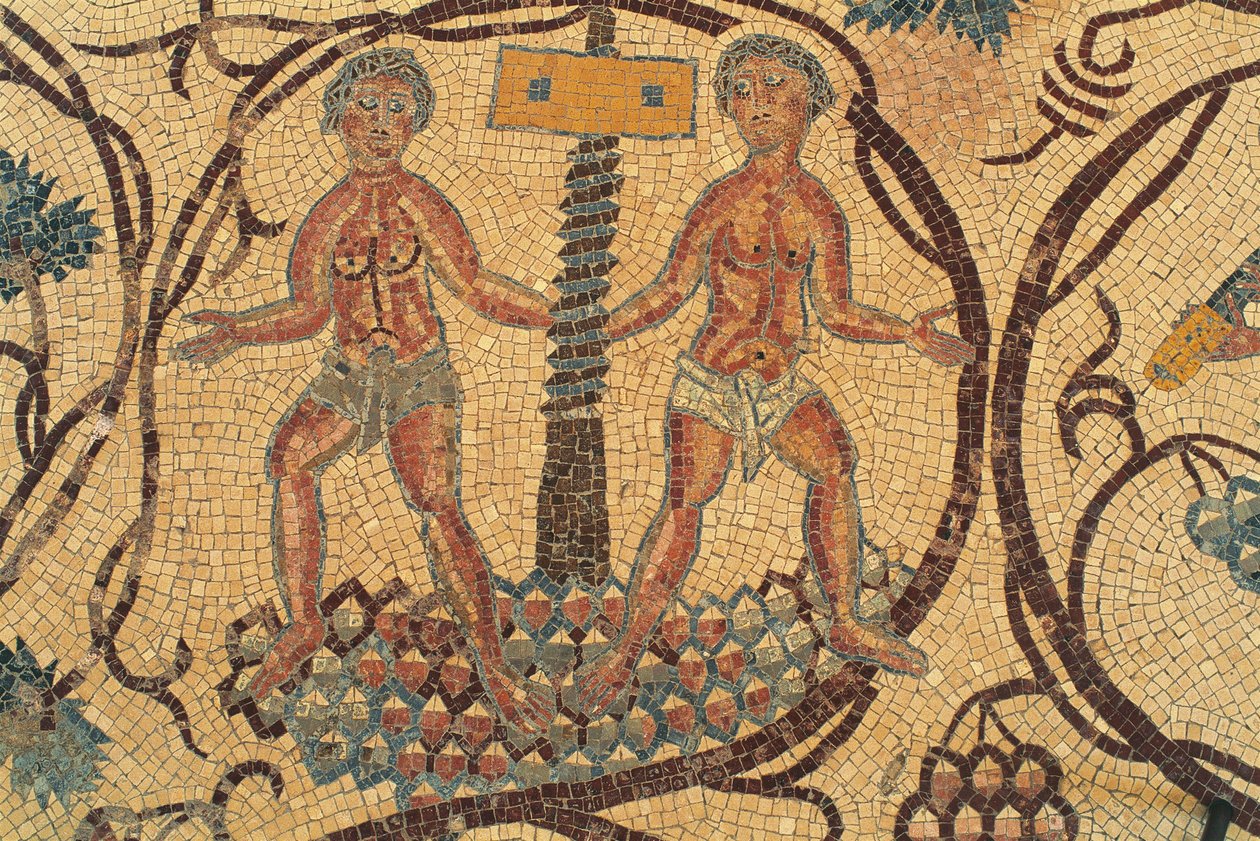 Borcsavarprés, padlómozaik részlete a mindennapi élet jeleneteivel, Szent Lót és Prokopiusz temploma, Nebo, Khirbet al-Mukhayyat, Jordánia, bizánci civilizáció, Kr.u. 6. század alkotó: Unbekannt Unbekannt