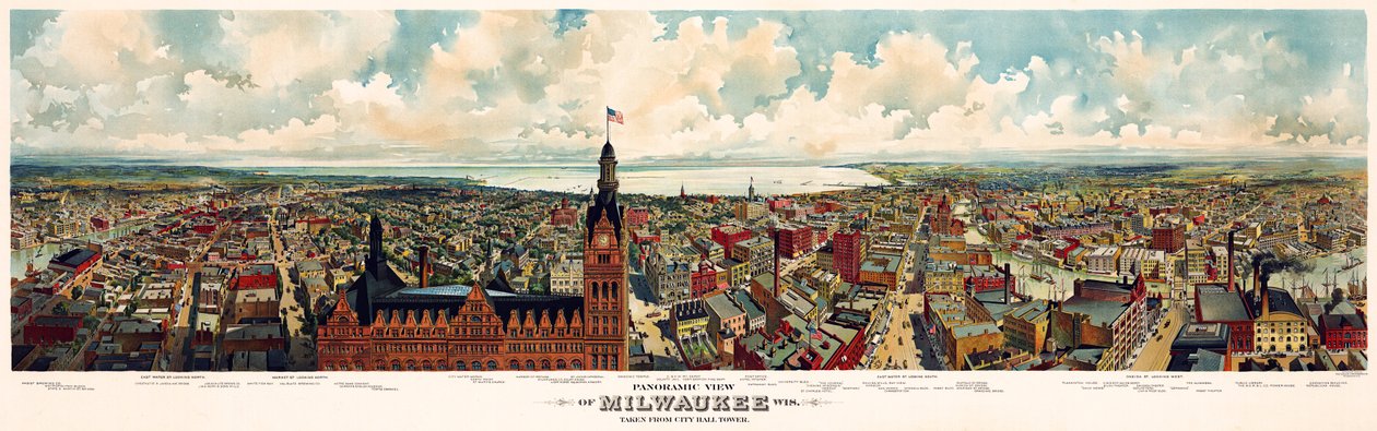 Panorámás kilátás Milwaukee városára, a városháza tornyából / The Gugler Lithographic Co. alkotó: Library of Congress