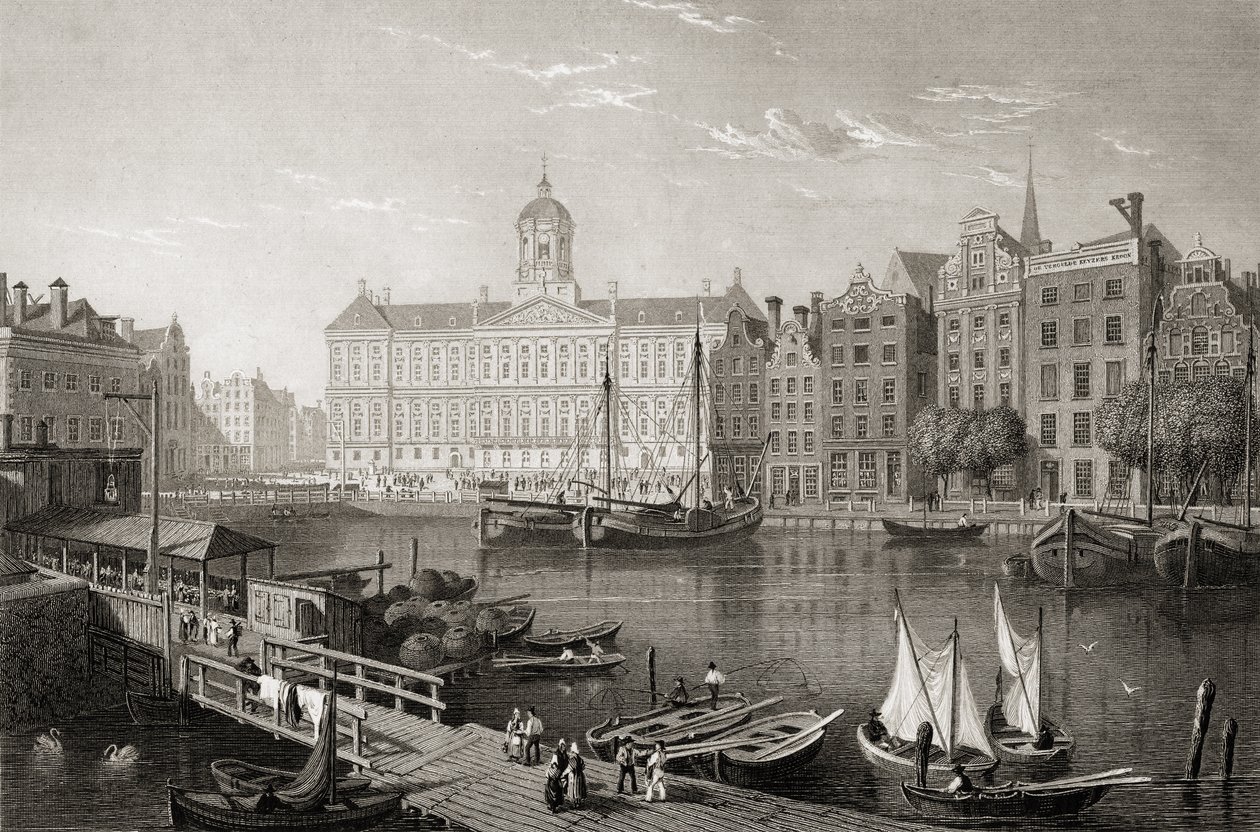 A Damrak-palota, Amszterdam, „Európa néhány fővárosának nézetei” című művéből, R. Brandard metszetében, Londonban, 1832. alkotó: Lieutenant Colonel Batty