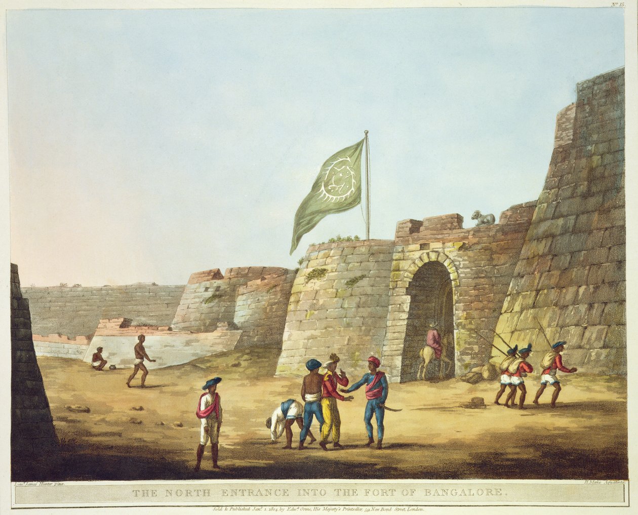 A bangalore-i erőd északi bejárata, 15. tábla a "Picturesque Scenery in the Kingdom of Mysore" című műből, H. Merke metszete, kiadó: Edward Orme (1774-1820) 1804 (akvatinta). alkotó: Lieutenant James Hunter