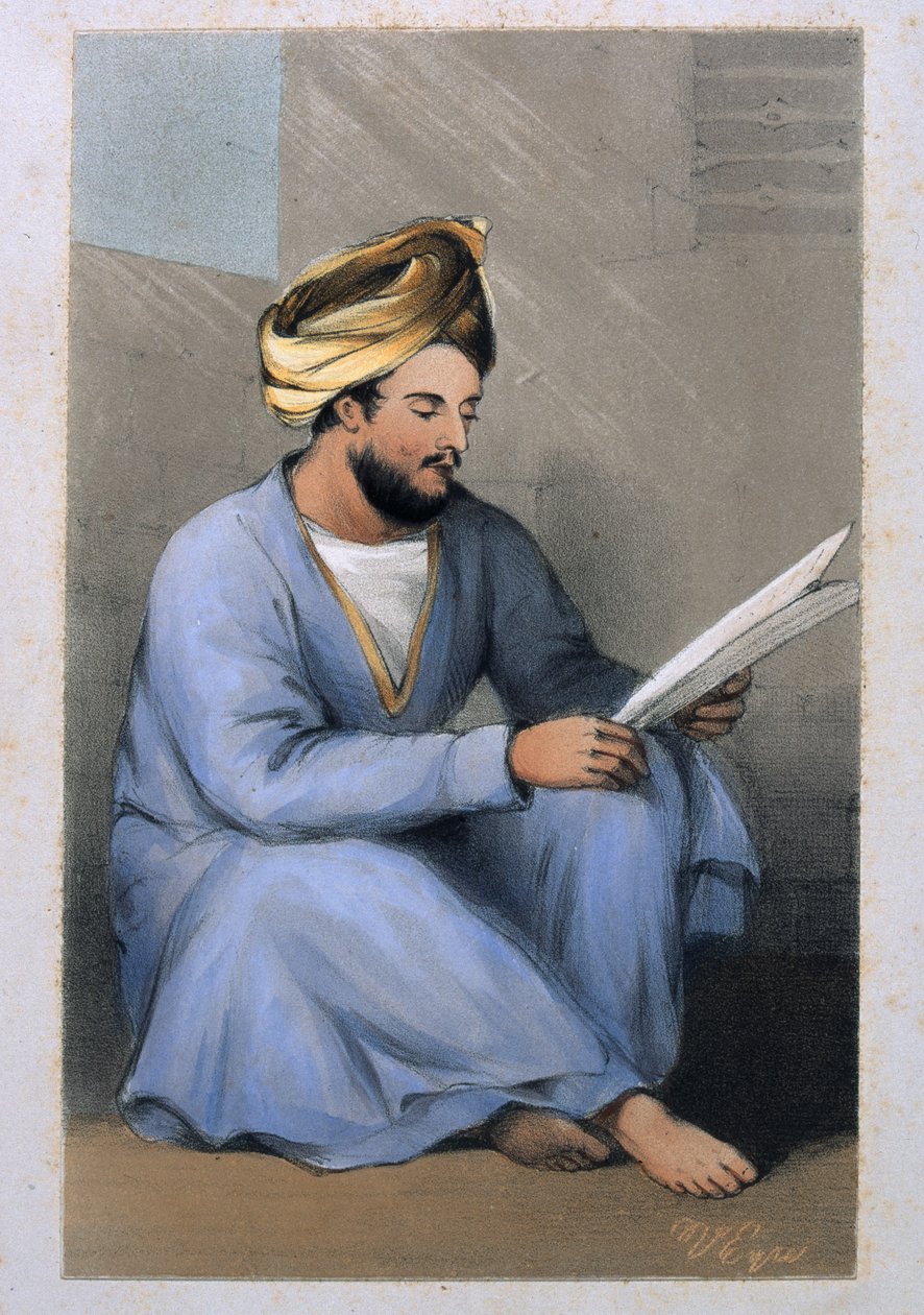 Johnstone kapitány, a sah szolgálatában, ülve, afgán ruhában olvas, 1842 alkotó: Lieutenant Vincent Eyre