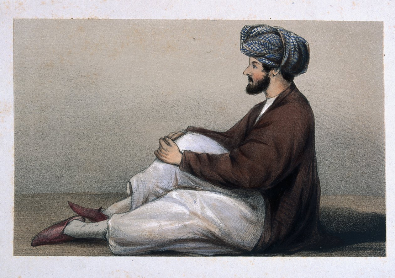 Chas Griffiths őrnagy, 37. bennszülött gyalogság, afgán ruhában ül, 1842 alkotó: Lieutenant Vincent Eyre