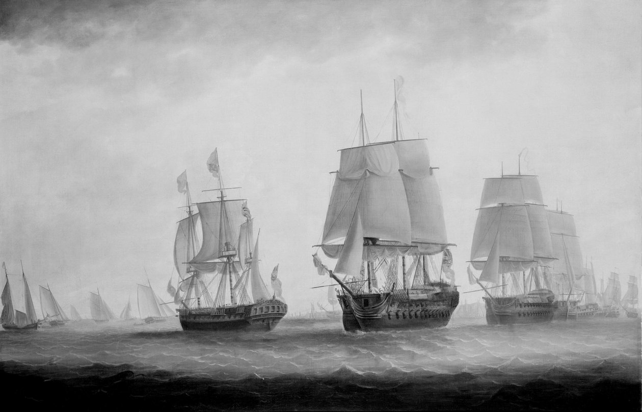 III. György a HMS Southamptonban, a Plymouth melletti flottát vizsgálja, 1789. augusztus 18. alkotó: Lieutenant William Elliott