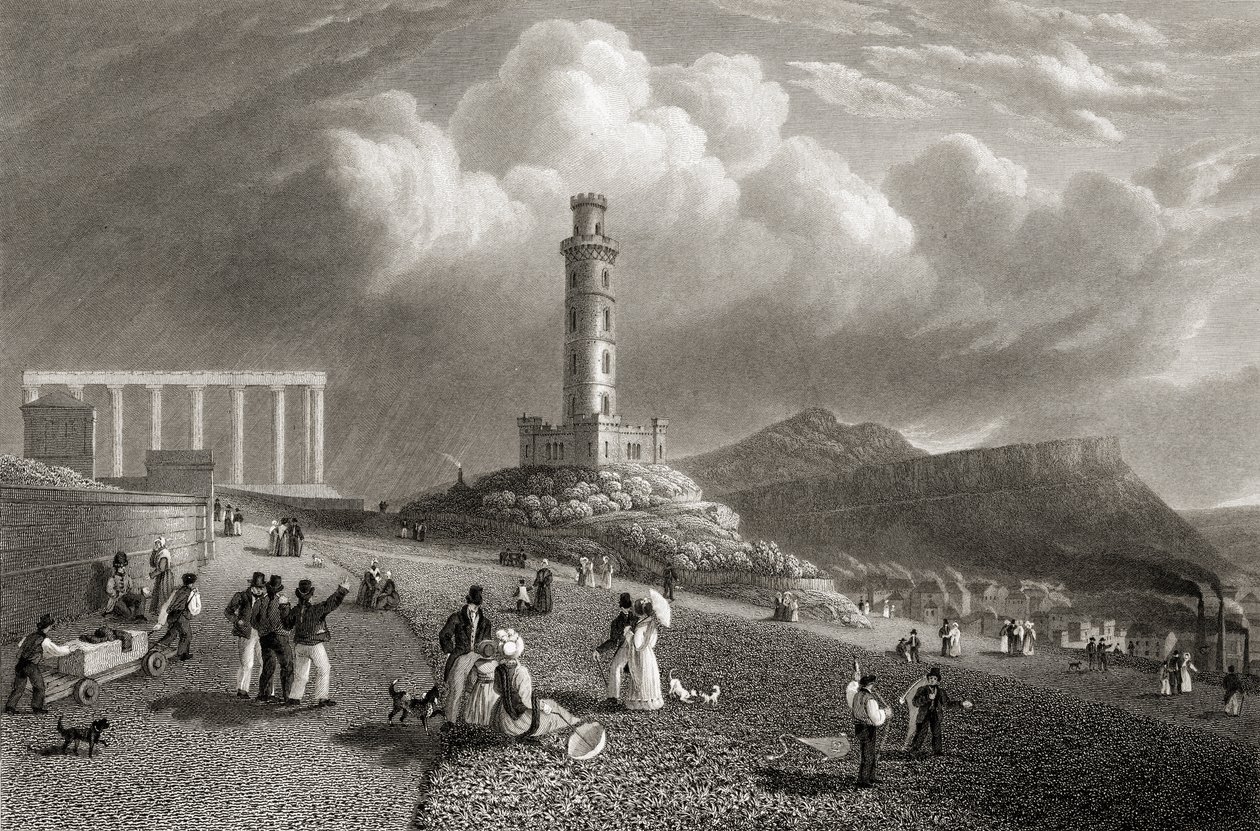 Nelson emlékműve, Calton Hill, Edinburgh, Kernot által metszett „Európa legfontosabb városainak nézetei” című művéből, 1832-ben Londonban adták ki alkotó: Lieutenant Colonel Batty