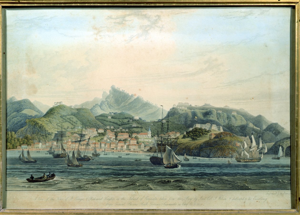 Kilátás St. George városáról és Richmond Heightsról Grenada szigetén, William Daniell metszet 1769-1837, 1810 körüli metszet alkotó: Lieutenant Colonel J. Wilson