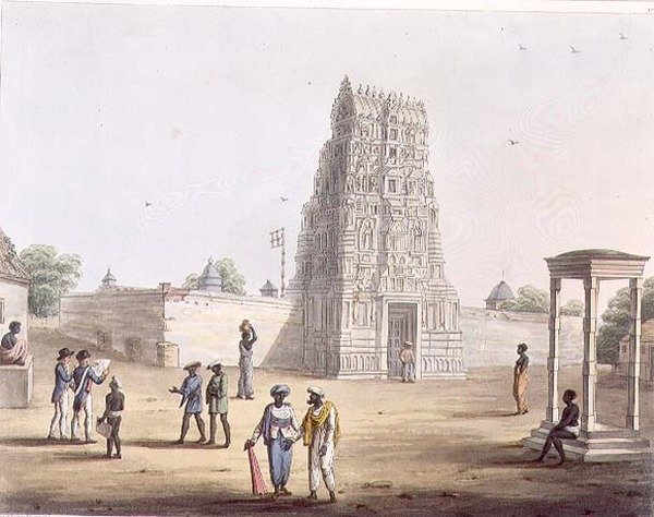 Pagoda Strupermadorban, 23. tábla a „Pictorial Scenery in the Kingdom of Mysore”-ból, metszett H. Merke (fl.1800-20) pub. írta: Edward Orme (1774-1820 körül) 1804 (akvatinta) alkotó: Lieutenant James (after) Hunter