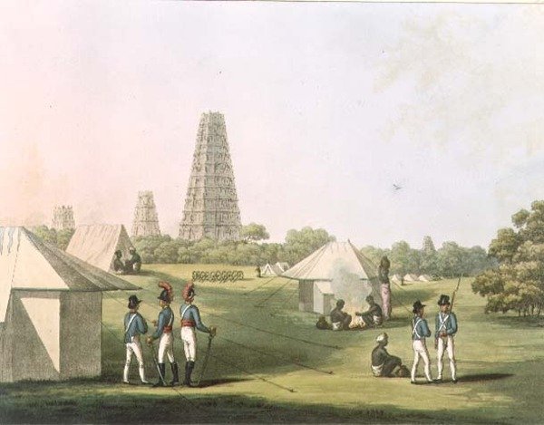 A View from the Royal Artillery Encampment, Conjeveram, 36. lemez a "Festői táj a Mysore Királyságban" c. Metszettel, H. Merke (1800-20) kocsma. Edward Orme (1774-1820) 1805 (aquatinta) alkotó: Lieutenant James (after) Hunter