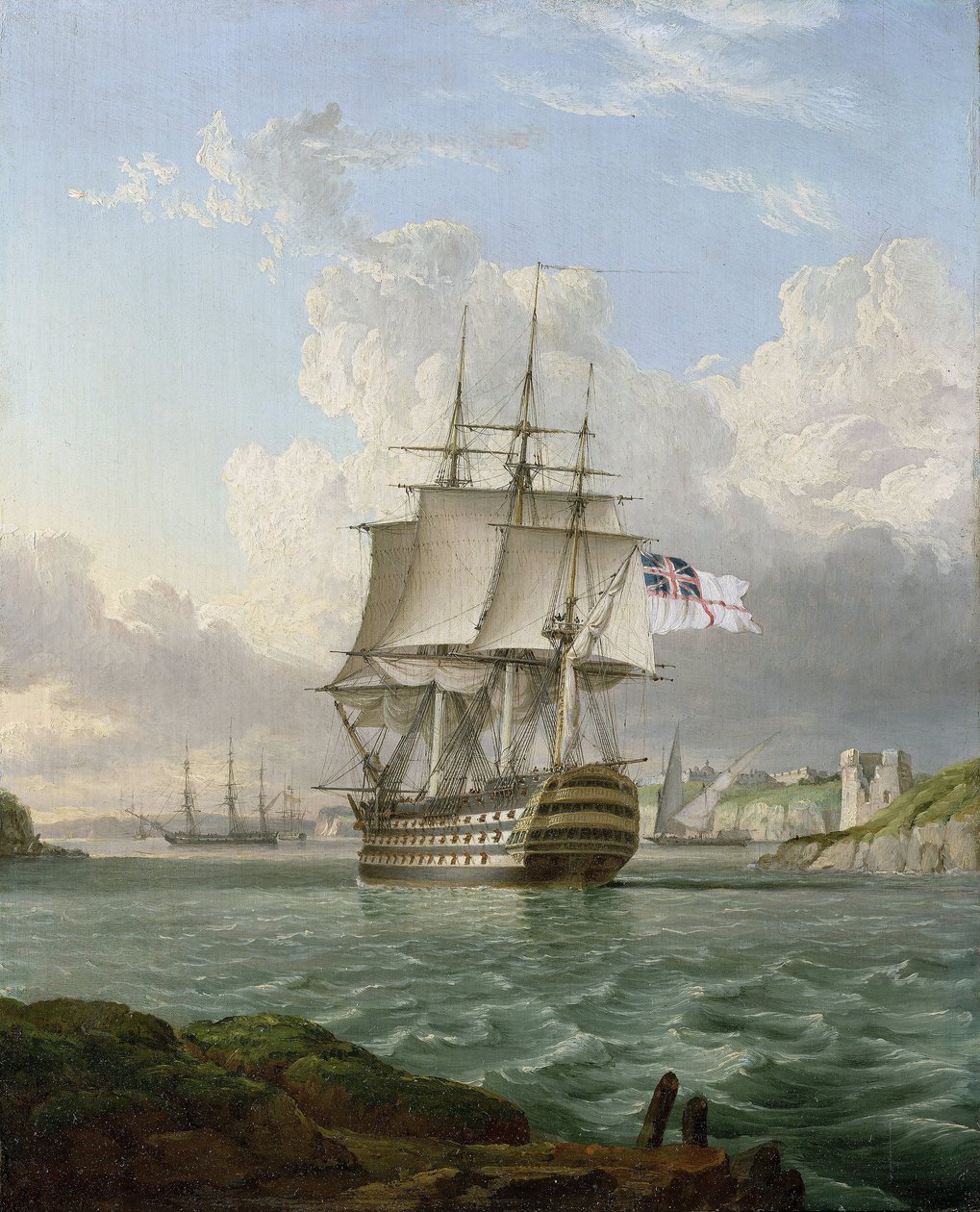 A HMS "Britannia", egy 1820-ban épült 120 ágyús hajó, amely elhagyja a Földközi-tenger egyik kikötőjét, valószínűleg Máltát. alkotó: Lieutenant Robert Strickland Thomas
