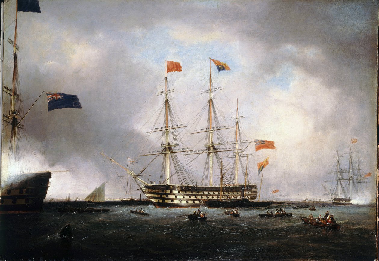 Viktória királynő (1819-1901) látogatása az Egyesült Királyság (Egyesült Királyság) első királynőjének a HMS "Queen"-en, Portsmouthban (Anglia), március 1. alkotó: Lieutenant Robert Strickland Thomas