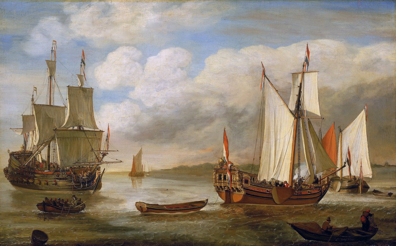 Holland hajók sokasága: vitorlások, hajók és uszályok. Lieve Pietersz Verschuier (1630-1686) olaj, vászon. alkotó: Lieve Verschuier