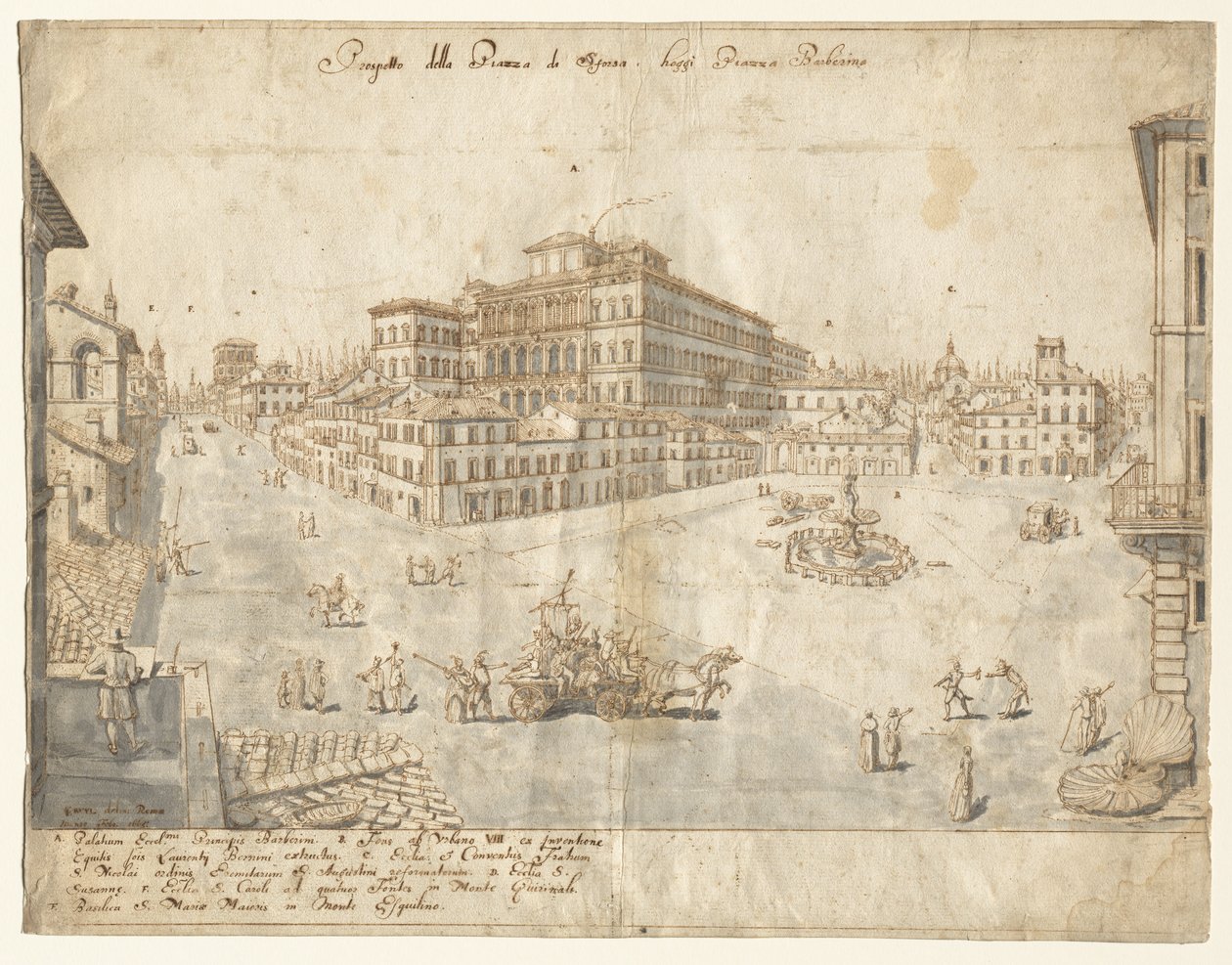 Tizennyolc kilátás Rómára: A Piazza Barberini (recto) alkotó: Lievin Cruyl