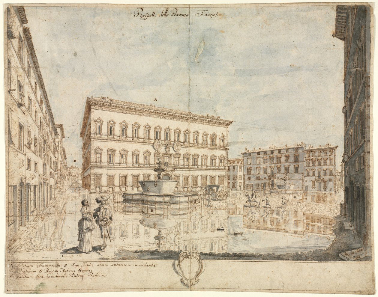 Tizennyolc kilátás Rómáról: A Piazza Farnese recto, 1664. alkotó: Lievin Cruyl