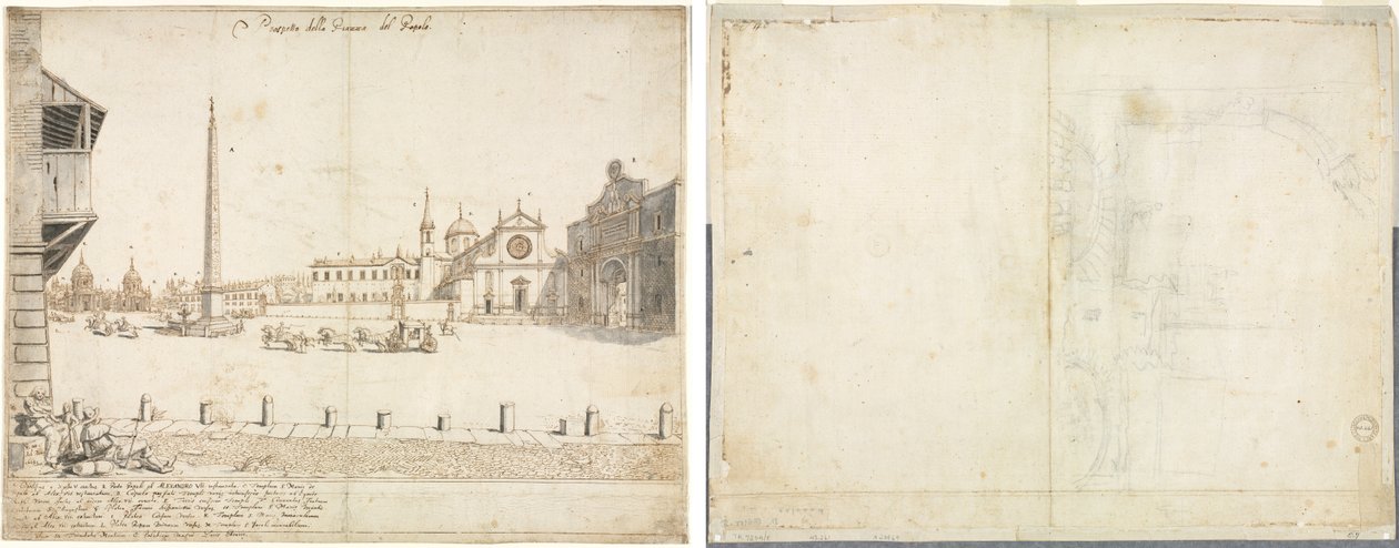 Róma tizennyolc képe: A Piazza del Popolo (recto); Vázlat a San Giovanni in Laterano-hoz (verso) alkotó: Lievin Cruyl