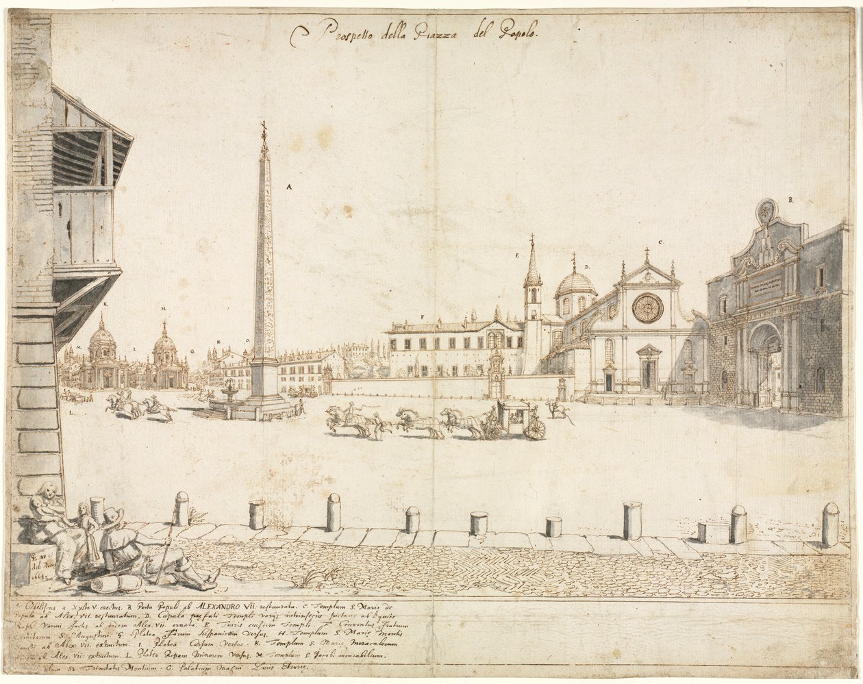 Tizennyolc kilátás Rómáról: A Piazza del Popolo recto, 1664. alkotó: Lievin Cruyl