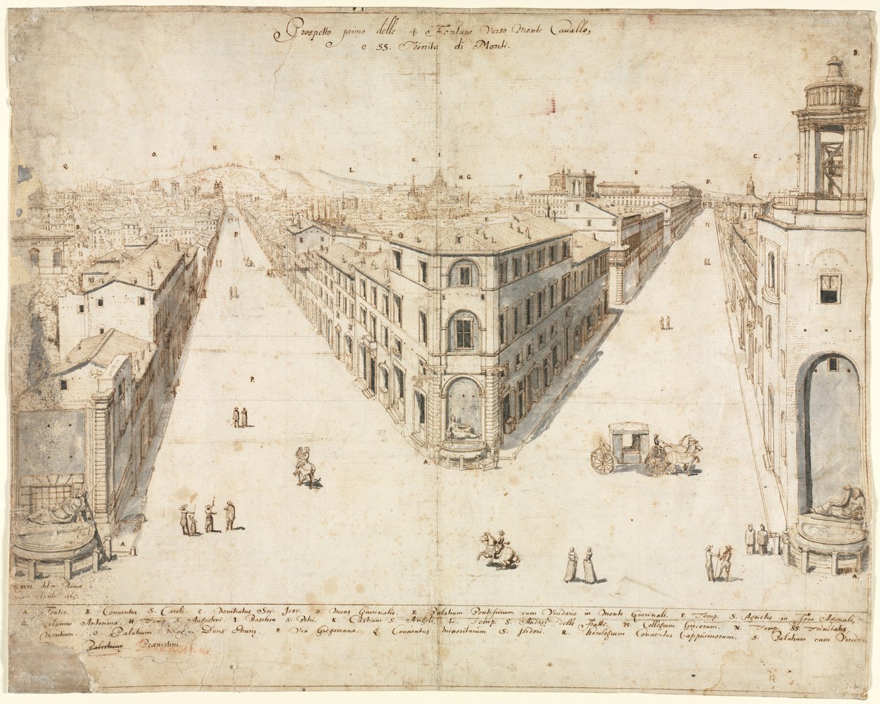Tizennyolc kilátás Rómáról: A Quattro Fontane Monte Cavallo felé néz, 1665. alkotó: Lievin Cruyl