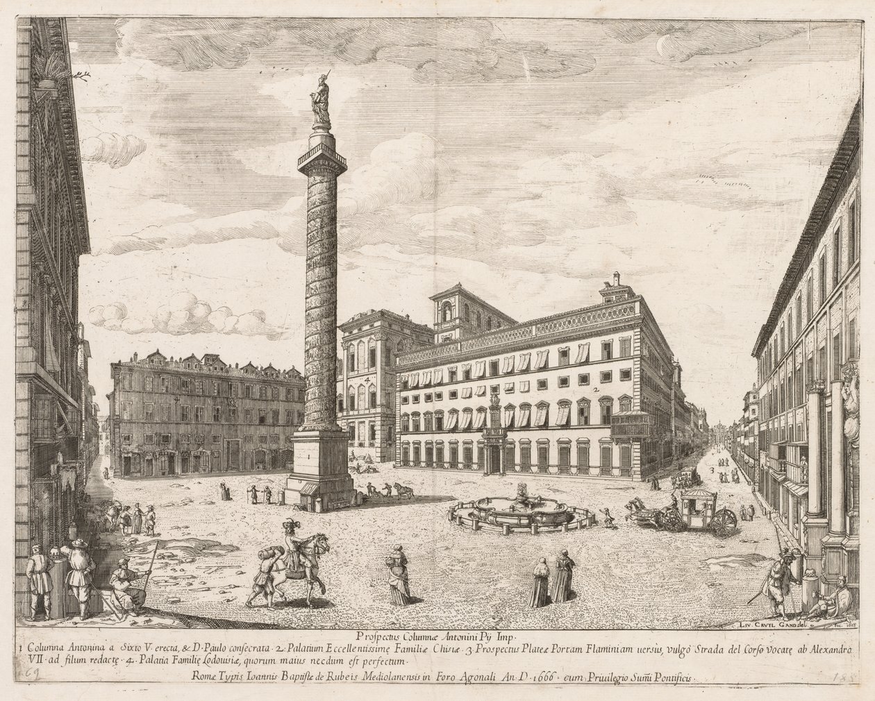 A Piazza Colonna a "Róma város nevezetességeinek látképéből" alkotó: Lievin Cruyl