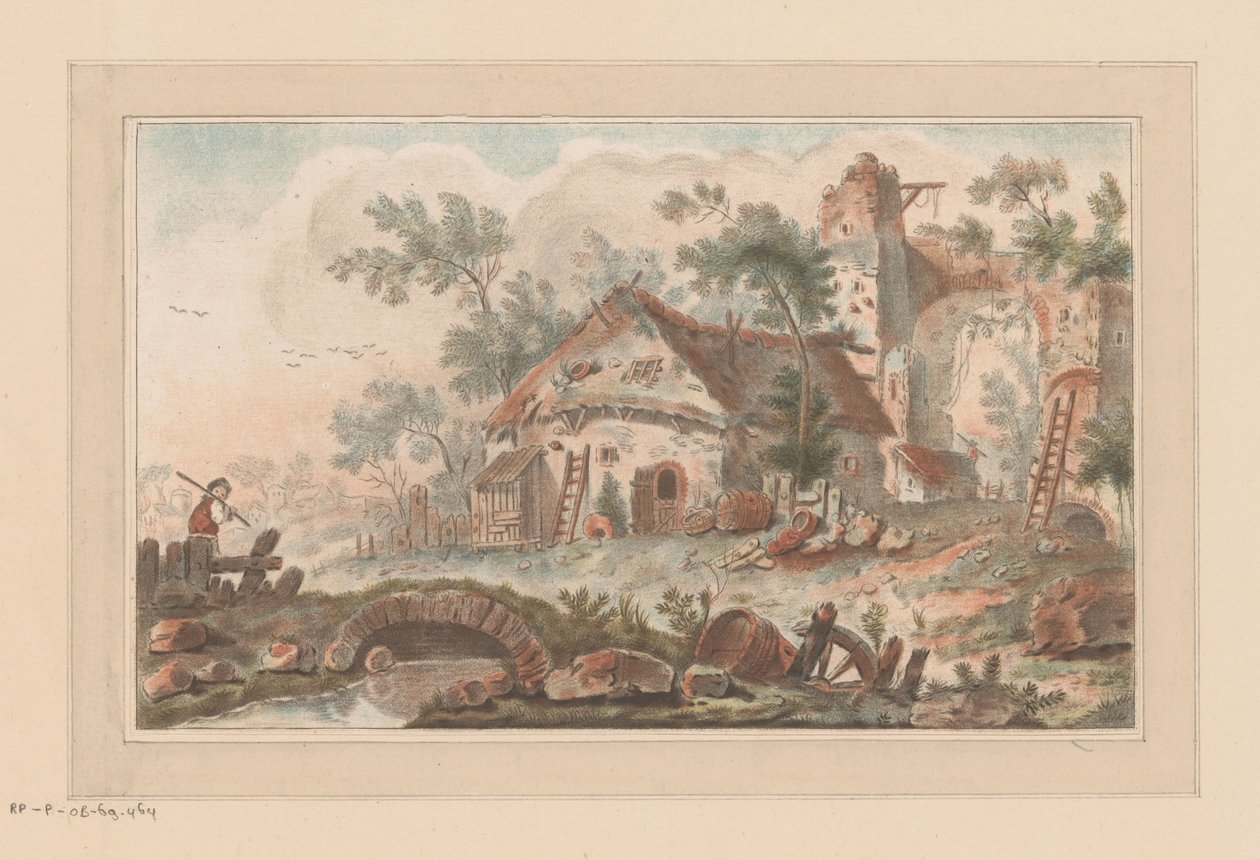 Ház egy rozoga városkapu előtt, az előtérben egy emberrel a hídon alkotó: Liger (attributed to)