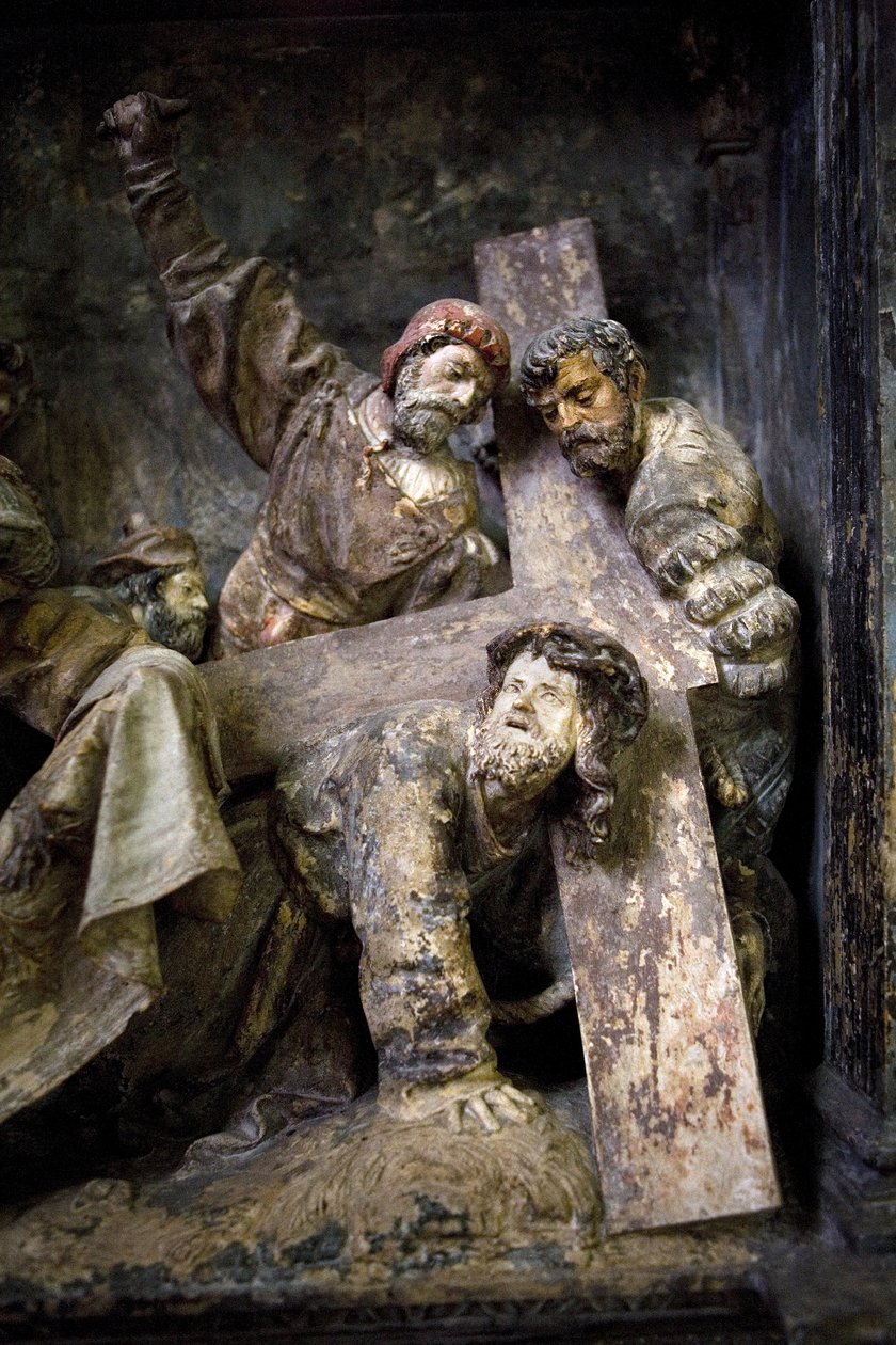 Oltárdarab, bal oldali tábla, részlet, A kereszthordozás, st. Veronica (festett kő) alkotó: Ligier Richier