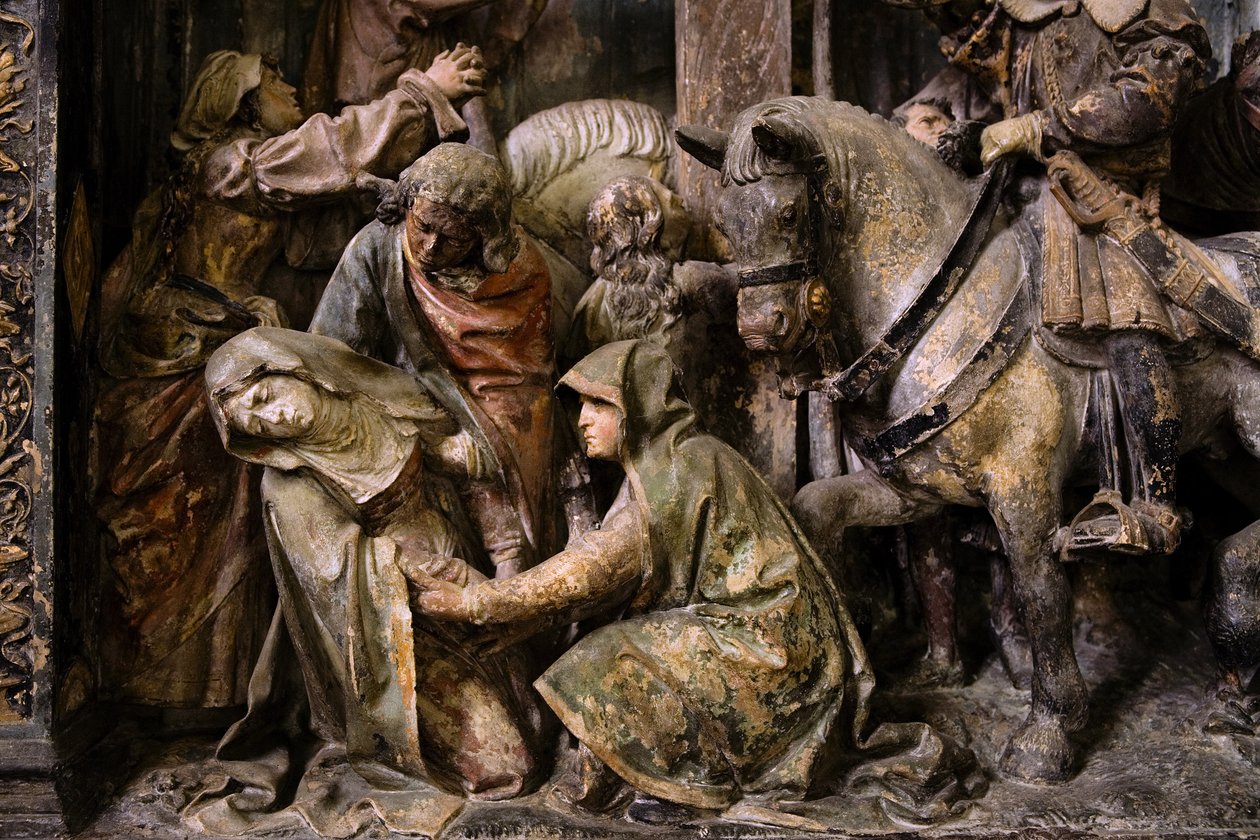 Oltárdarab, központi tábla, részlet, a Szűz ájulása (festett kő) alkotó: Ligier Richier