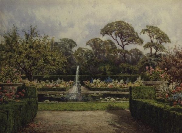 A Liliomos tavacskás kert kör alakú tóval és kerub szökőkúttal (akvarell és gouache) alkotó: Lilian Stannard