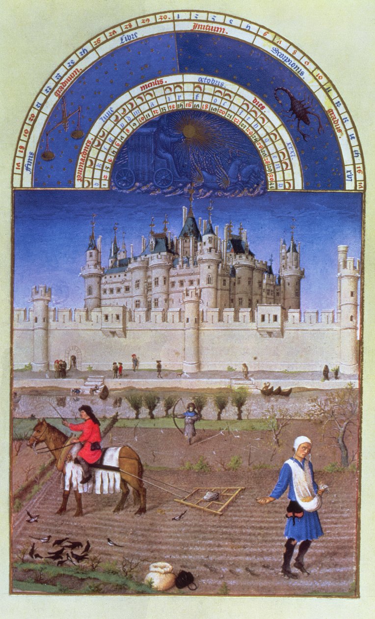 Októberi fakszimile: a Limbourg testvérek őszi gabonát vetnek a „Tres Riches Heures du Duc de Berry”-ből alkotó: Limbourg Brothers
