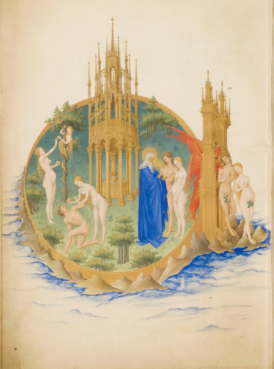 Très Riches Heures du Duc de Berry Folio 25, hátul: Az Éden kertje alkotó: Limbourg Brothers