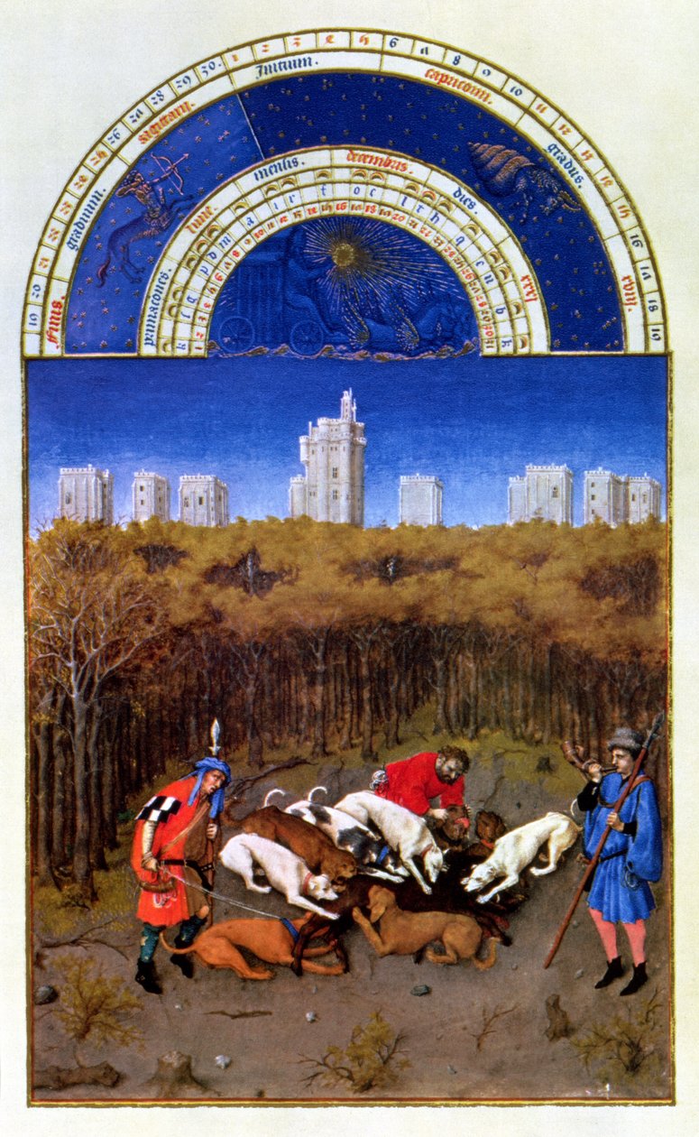 Decemberi fakszimile: vaddisznó vadászata, a „Tres Riches Heures du Duc de Berry”-ből (vellum) másolva (az eredetit lásd: 8444) alkotó: Limbourg Brothers (after)