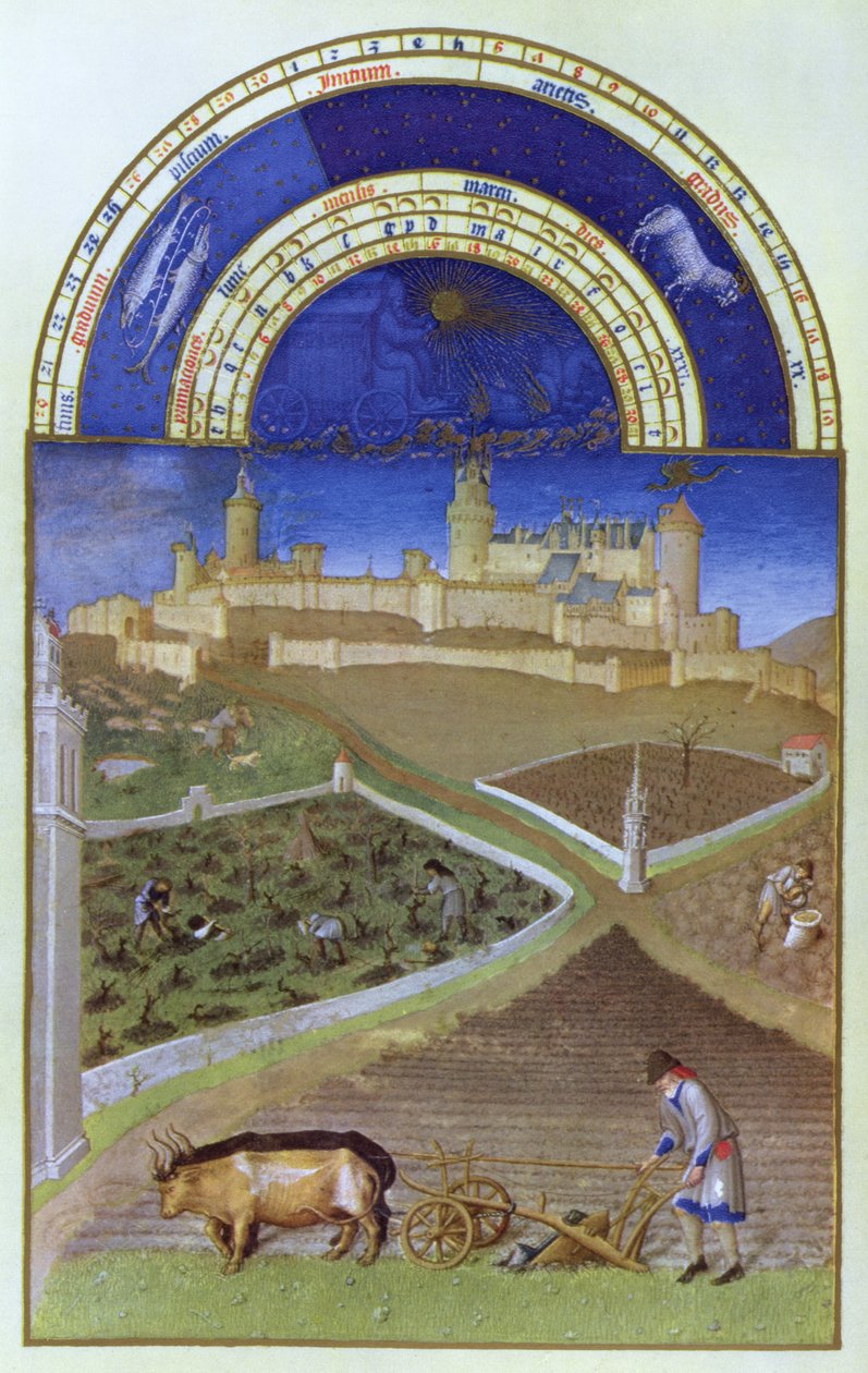Márciusi fakszimile: Parasztok dolgoznak egy feudális birtokon, a „Tres Riches Heures du Duc de Berry”-ből (az eredetit lásd: 8435) alkotó: Limbourg Brothers