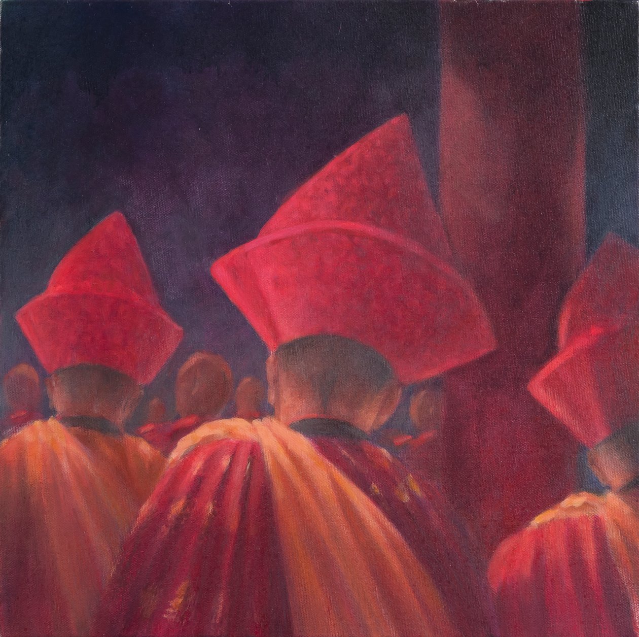 Buddhista szerzetesek, Bhután, 2012 (akril, vászon) alkotó: Lincoln Seligman