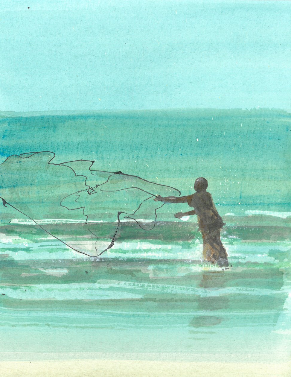 Lone Fisherman 1, 2015 (toll és tinta WC-vel, papíron) alkotó: Lincoln Seligman