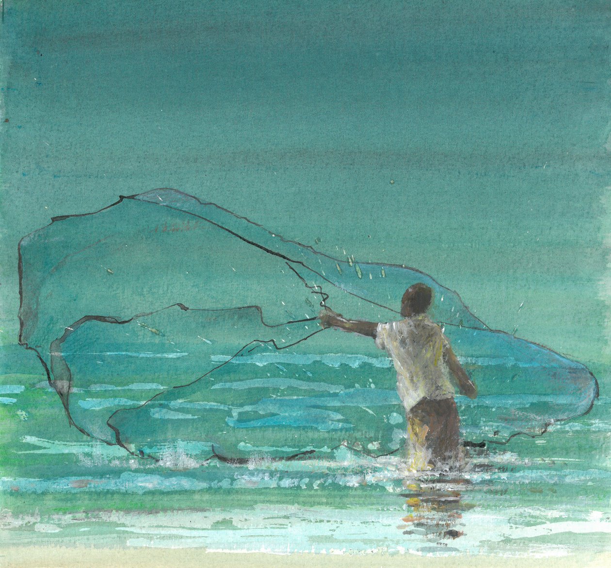 Lone Fisherman 3, 2015 (toll és tinta WC-vel, papíron) alkotó: Lincoln Seligman