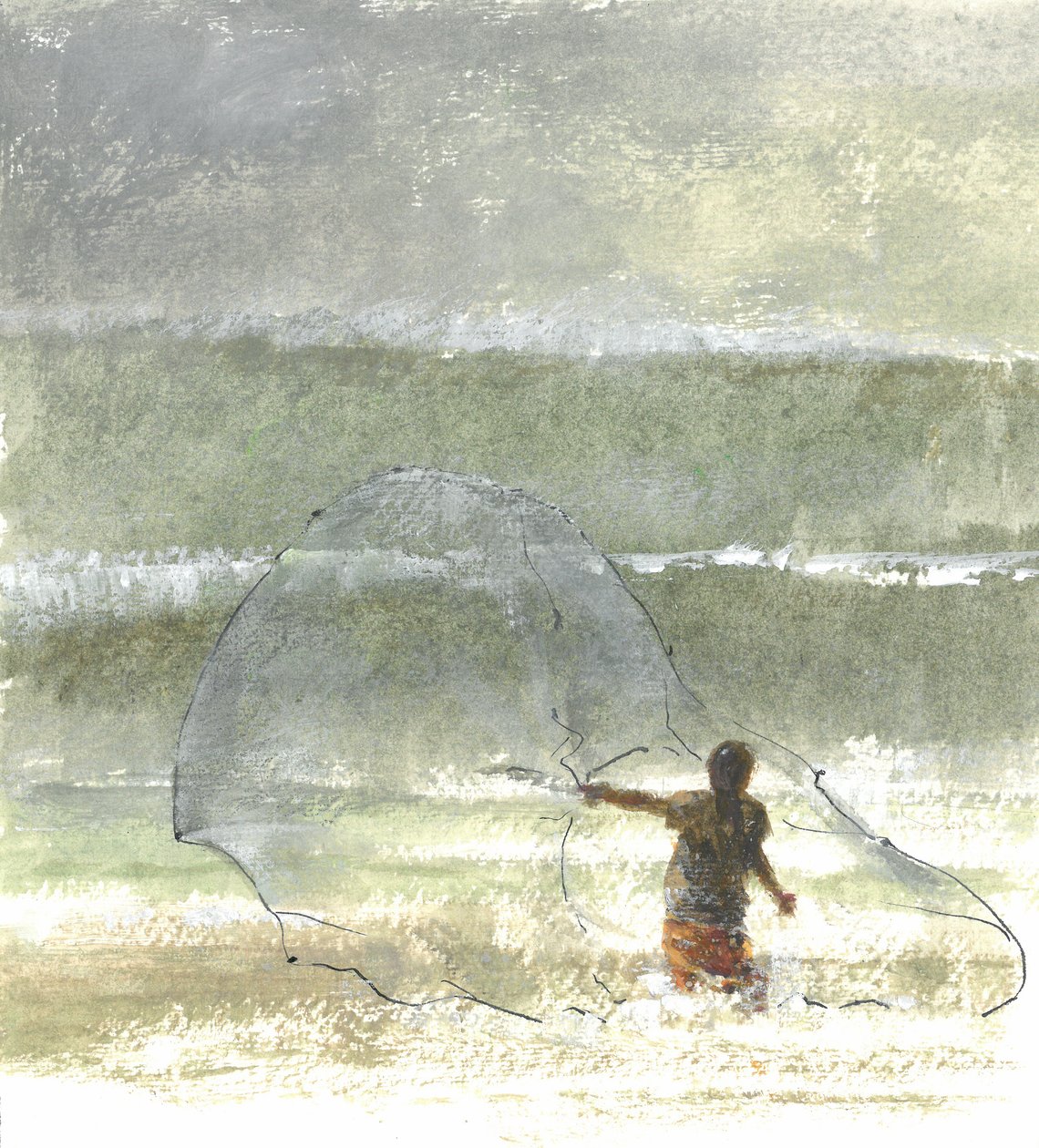 Lone Fisherman 4, 2015 (toll és tinta WC-vel, papíron) alkotó: Lincoln Seligman